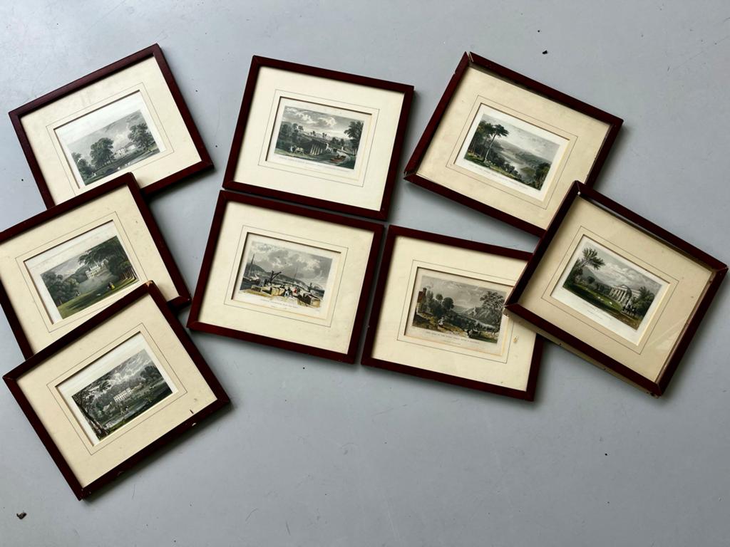 8 antieke Engelse landschapsprenten Devon gravure ingekleurd, Antiek en Kunst, Handgekleurd, 1800 - 1899, 27 cm, Ophalen of Verzenden