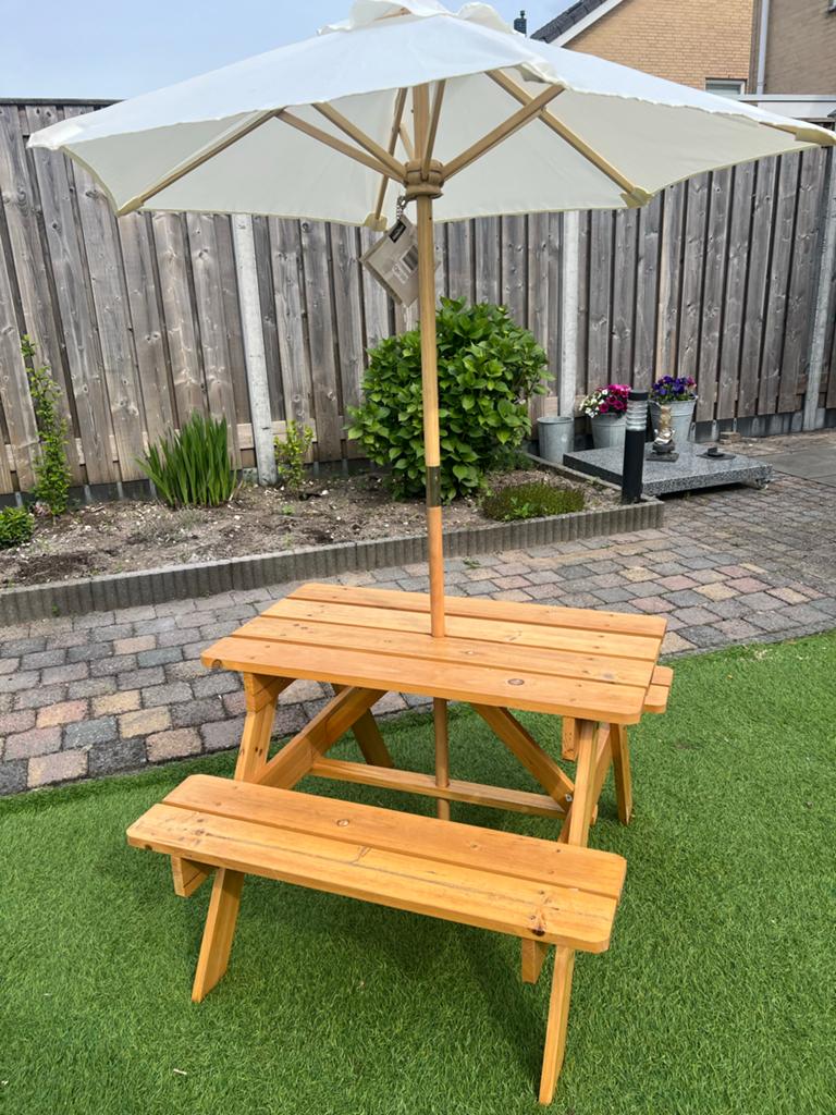 Houten kinderpicknickset met parasol, Zo goed als nieuw, Rechthoekig, Hout, Ophalen