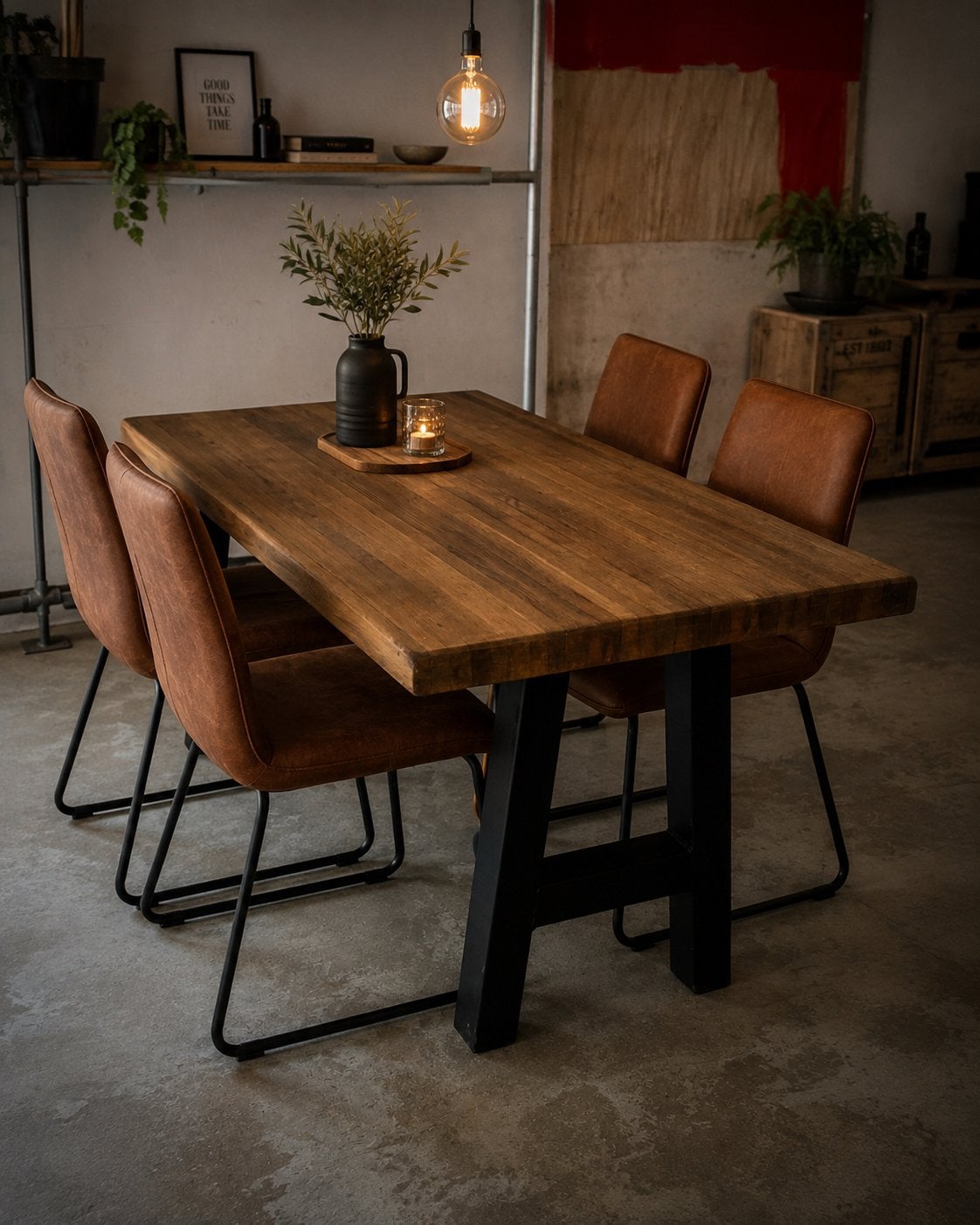 Eikenhouten tafel 1.44 x 80 - Gepoedercoate Stalen onderstel, Huis en Inrichting, Tafels | Eettafels, 100 tot 150 cm, Eikenhout