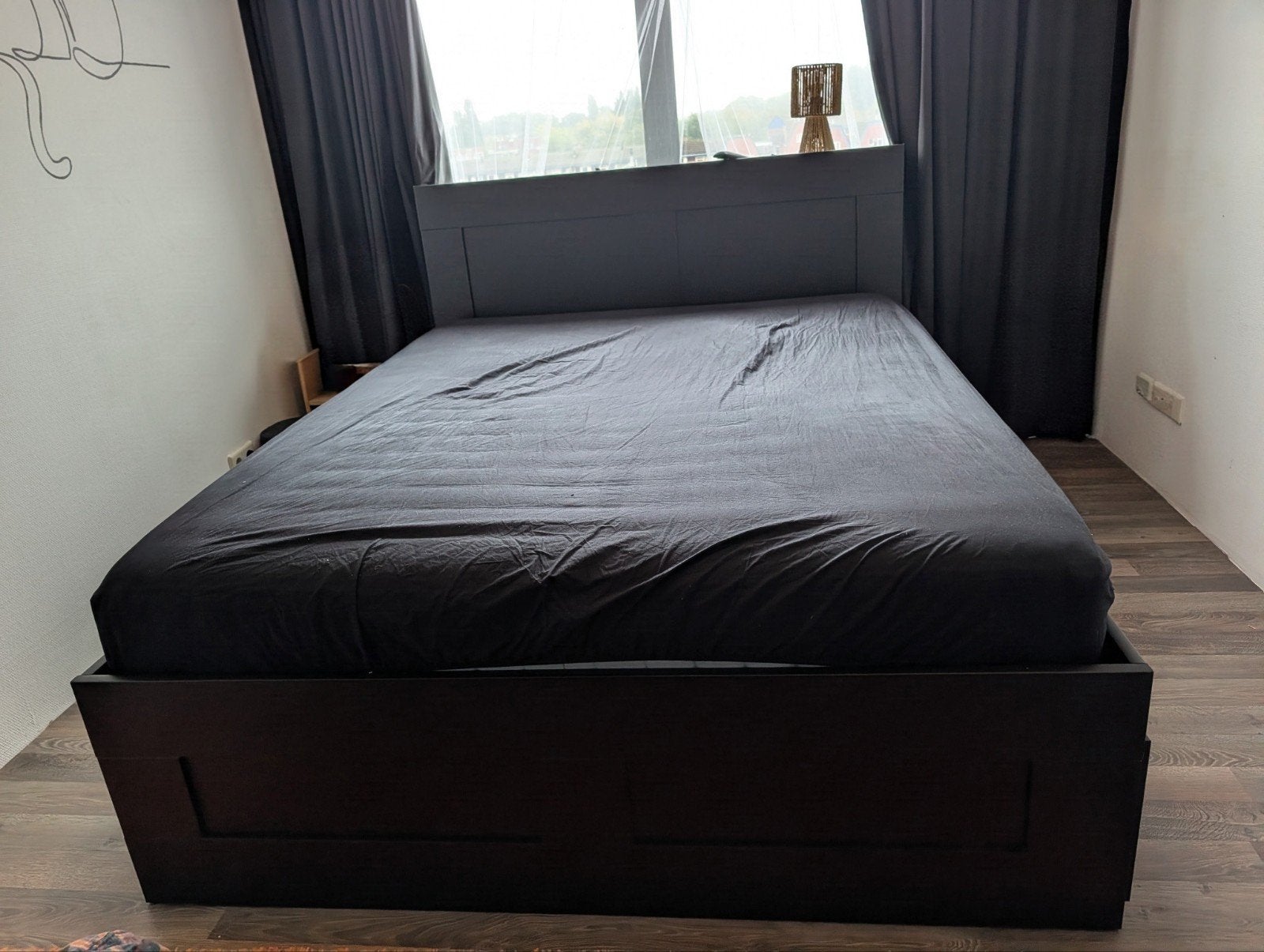 ikea BRIMNES Tweepersoonsbed met opbergruimte en hoofdbord, Ophalen, Zwart, Modern met opbergruimte, Tweepersoons