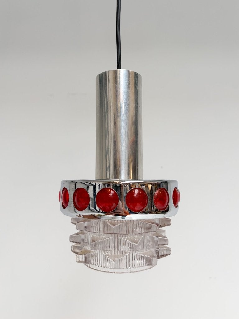 Massive chromen met rood glazen hanglamp, 1960’s, Gebruikt, Vintage, Glas, Massive
