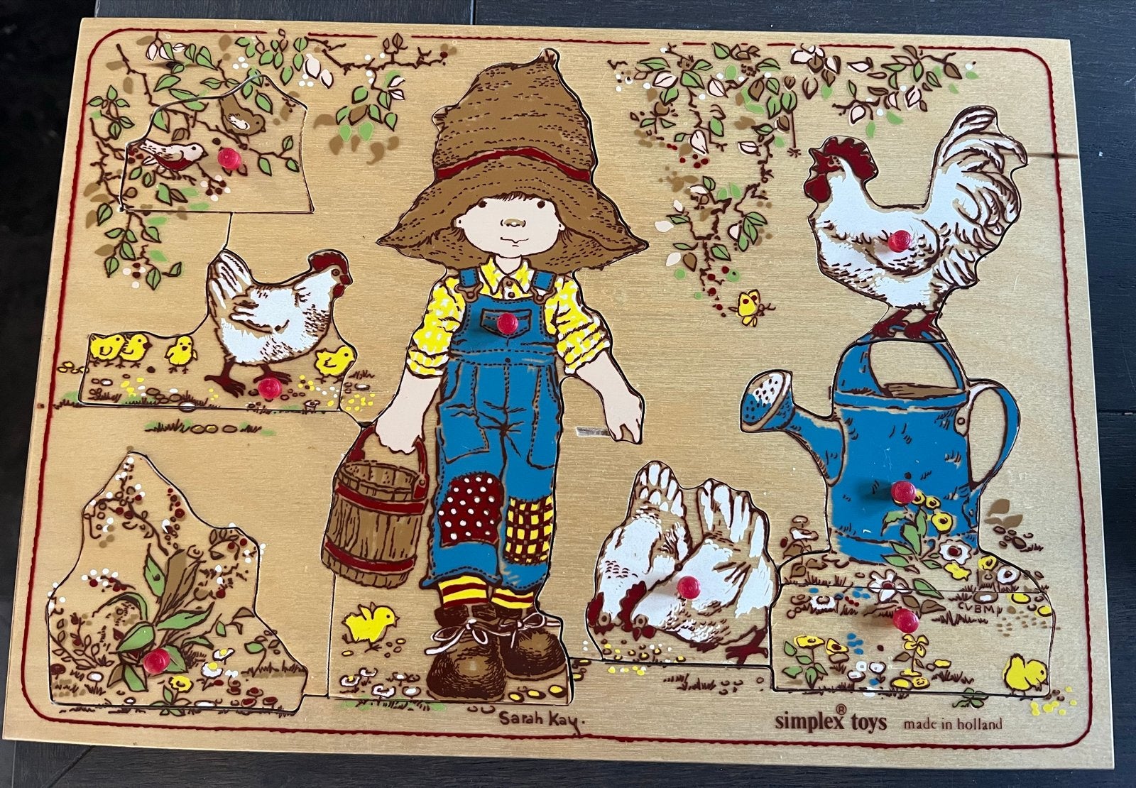 Vintage Sarah Kay Boerderij Puzzel Simplex Toys, 2 tot 4 jaar, Gebruikt, Ophalen of Verzenden, Van hout