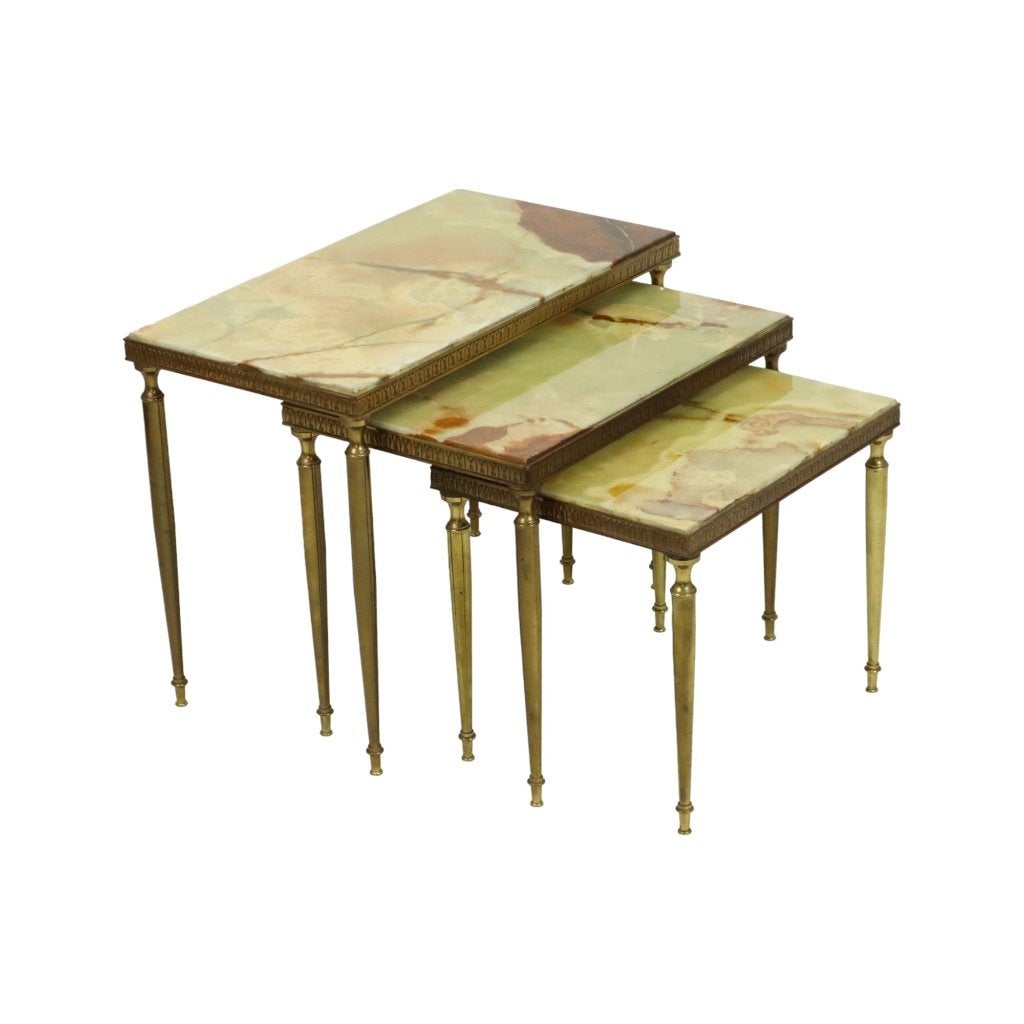 Set van 3 Nesttafels Onyx Marmer Koperen Frame Frankrijk, Ophalen