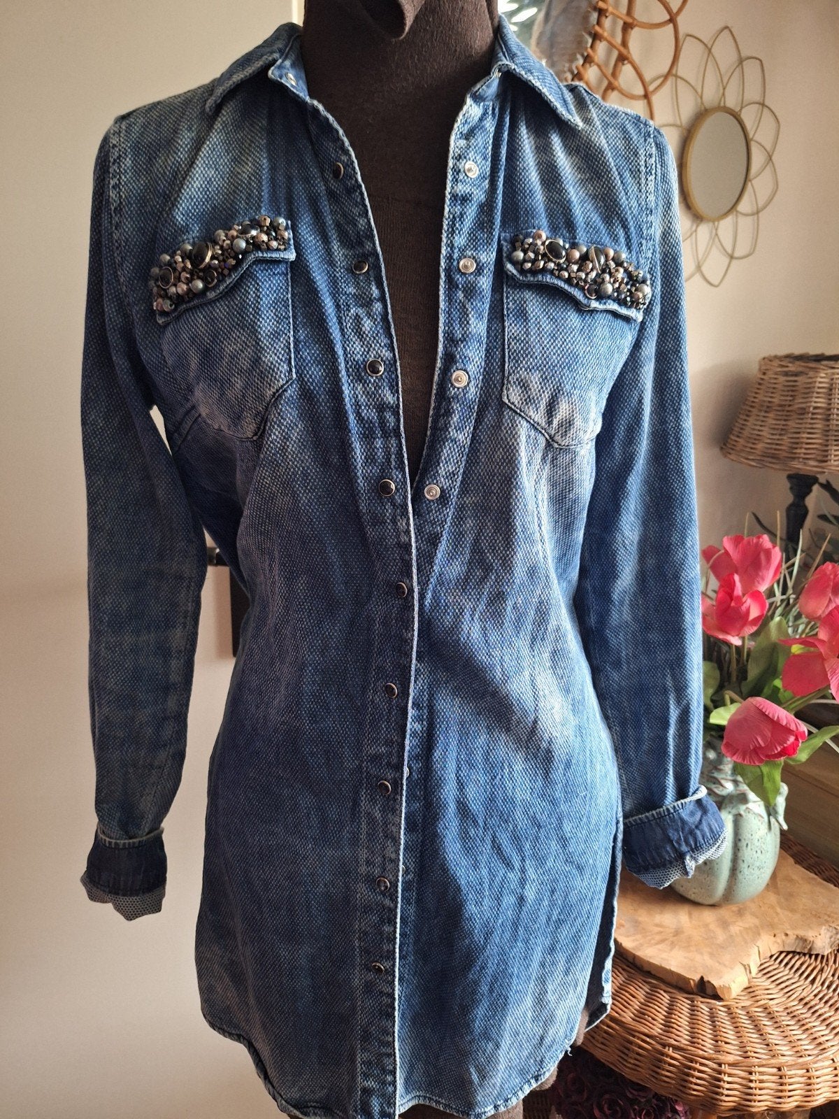 Spijker blouse maat m dishe stretch, Ophalen of Verzenden, Gedragen, Blauw