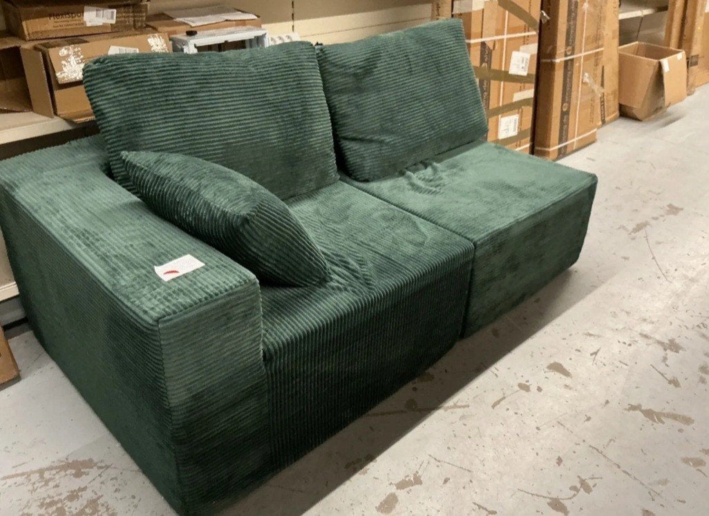 Groene ribfluwelen modulaire bank met kussens, Huis en Inrichting, Ophalen, Rechte bank, Modern, ribfluweel, Minder dan 150 cm