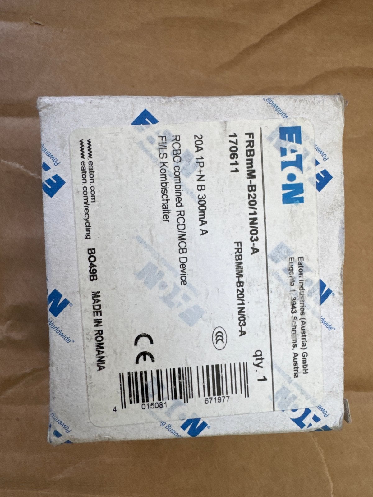 Eaton FRBmM-B20/1N/03-A RCBO aardlekschakelaar, Ophalen of Verzenden, Nieuw, Overige typen