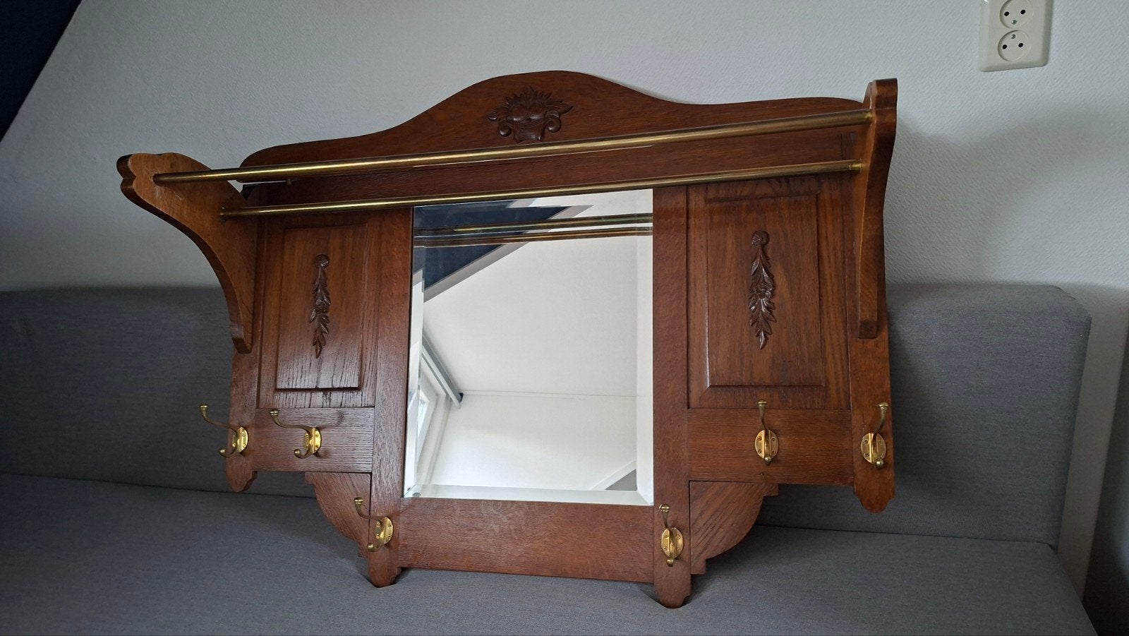 houten kapstok met spiegel jaren 40-50, Antiek en Kunst, Ophalen, Overige vormen, 100 tot 150 cm, Minder dan 100 cm