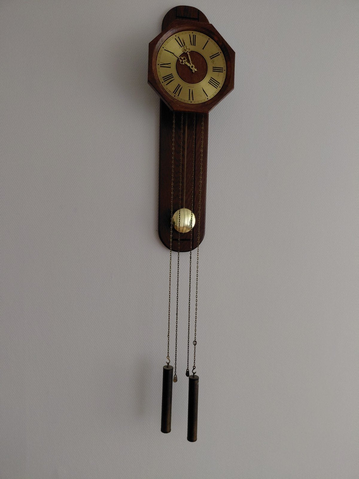 Antieke houten wandklok met slinger en gewichten, Ophalen of Verzenden