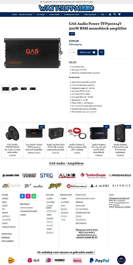 GAS Audio Power TFP500124V 500W RMS monoblok versterker 24V, ., Nieuw, Ophalen of Verzenden, .
