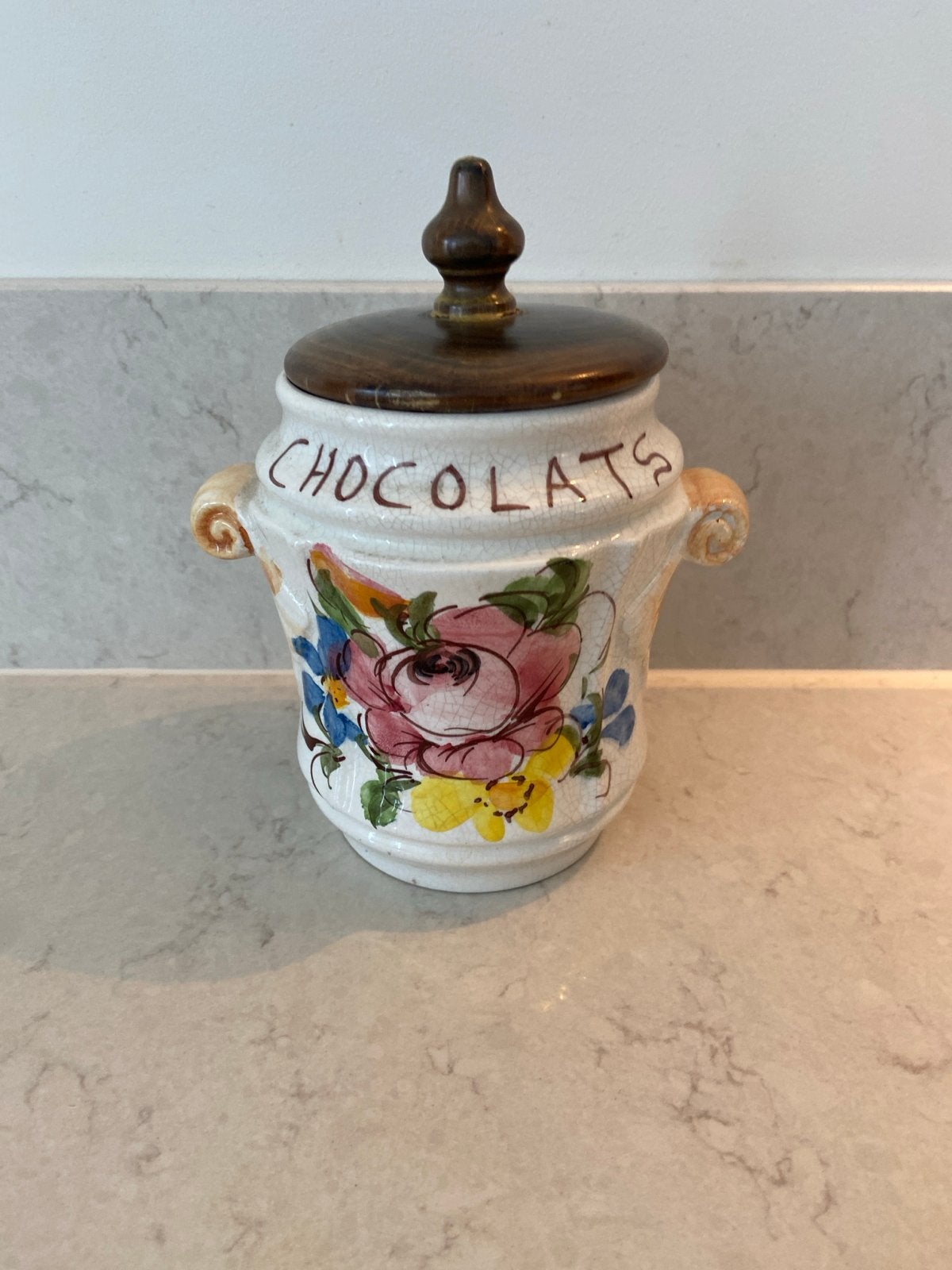 Vintage Chocolade Pot met Houten Deksel en Bloemen, Antiek en Kunst, Ophalen of Verzenden