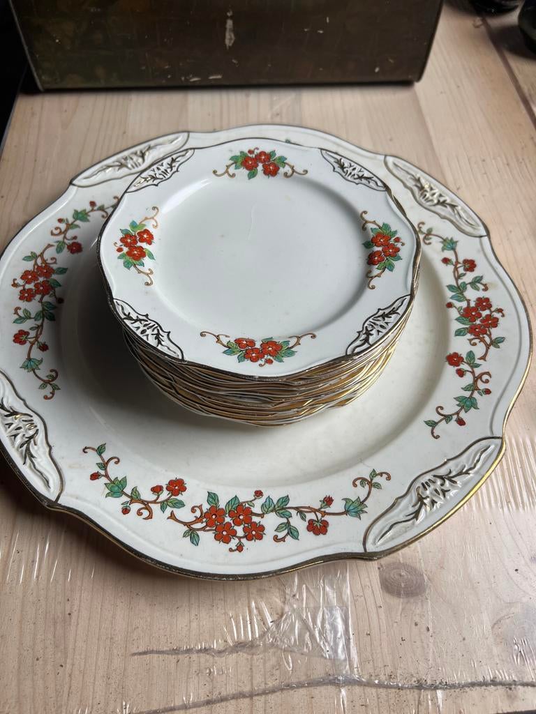 Vintage Scarlet Pimpernel 12 Gebaksborden en Schaal Set, Ophalen of Verzenden
