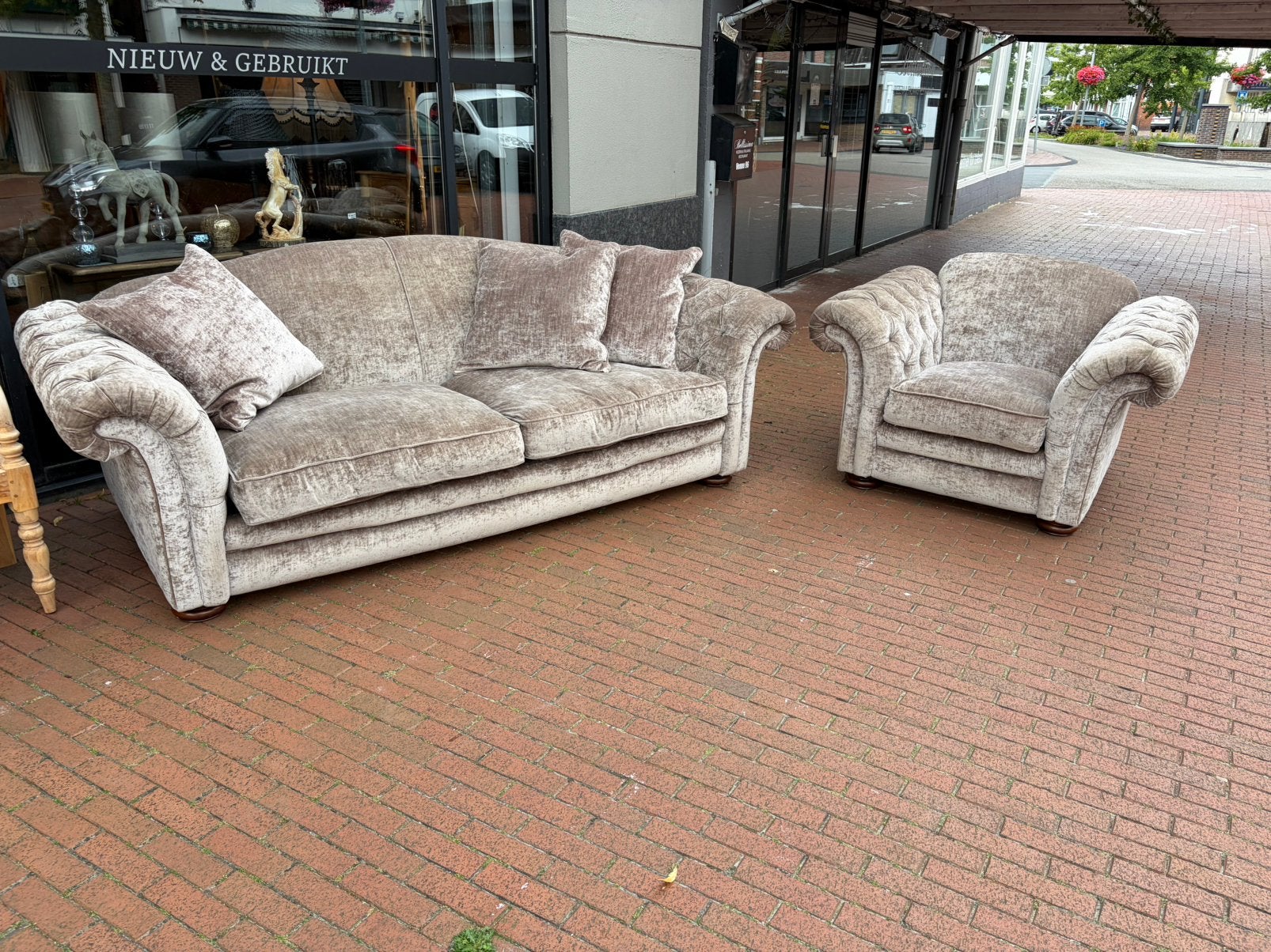 Grote bank met fauteuil Velvet stof/taupe, Ophalen, Zo goed als nieuw, Bank