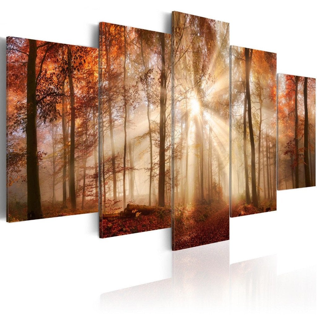 259 Zonlicht Bos Natuur 5 Luik Canvas Schilderij 200x100cm, Ophalen of Verzenden