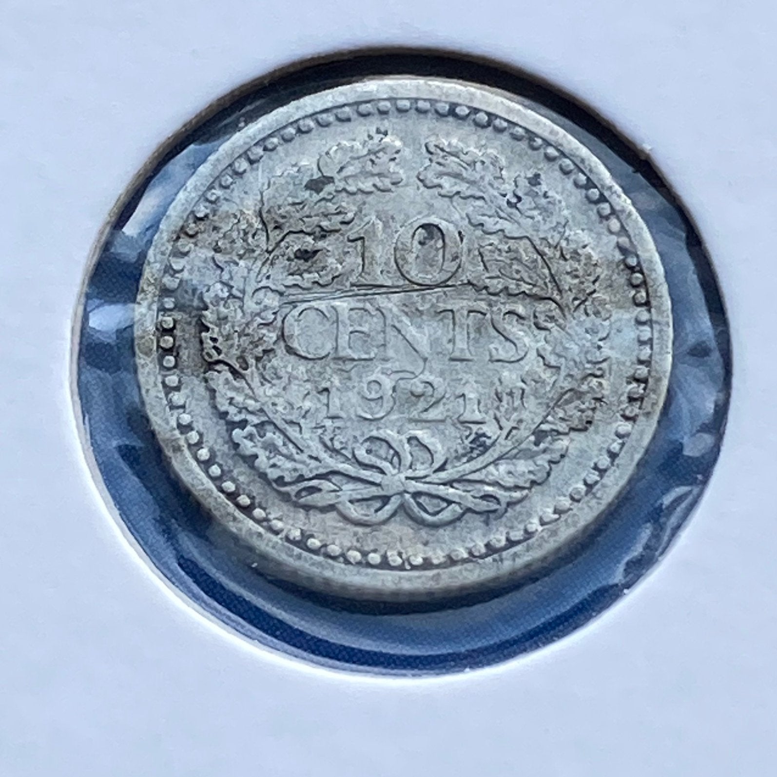 10 Cent zilver / zilveren dubbeltje uit 1921 van Wilhelmina, Verzenden, Zilver, 10 cent, Koningin Wilhelmina