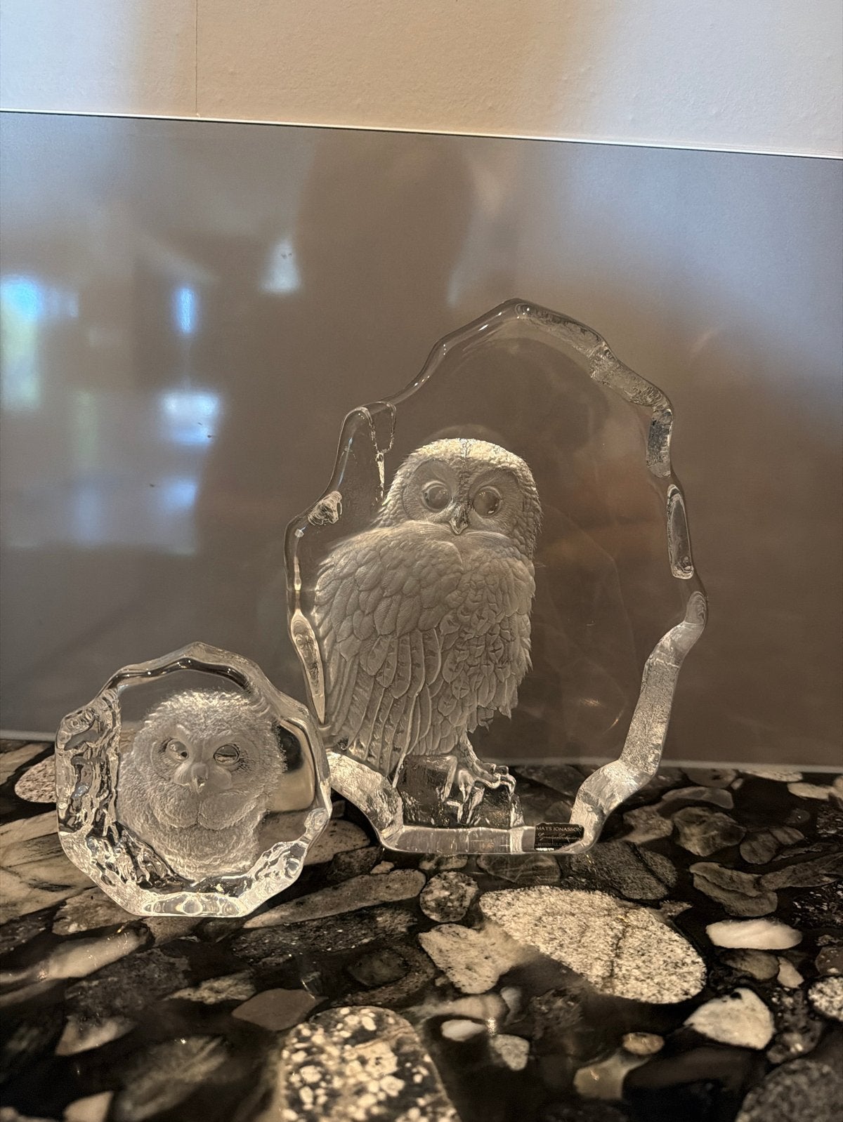 Mats Jonasson Målerås Uilen Kristal Sculpturen Set, Antiek en Kunst, Ophalen