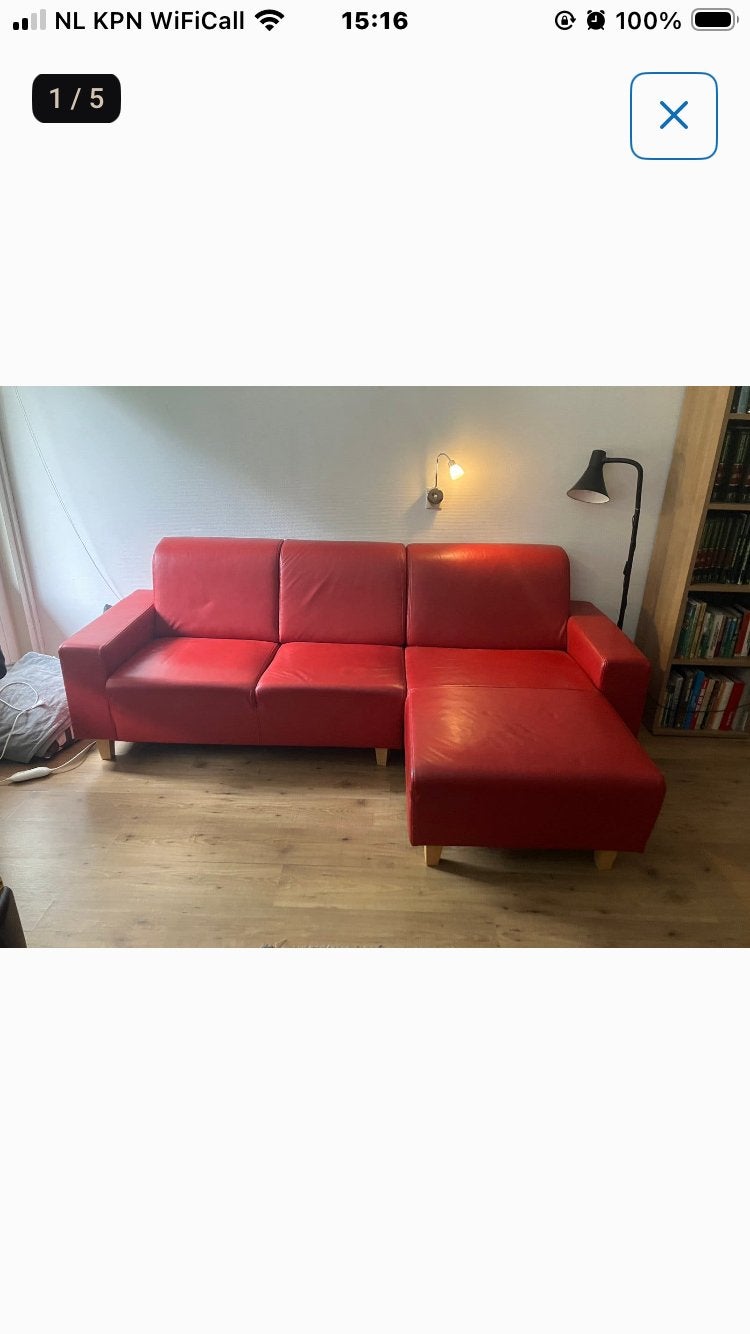 Rode Leren Hoekbank met Longchair - 240 cm breed, Ophalen, Gebruikt, Hoekbank, Driepersoons