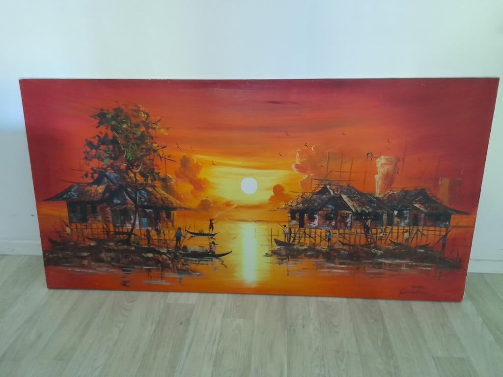 Schilderij Kosol Cambodja - Tropische Zonsondergang, Antiek en Kunst, Ophalen