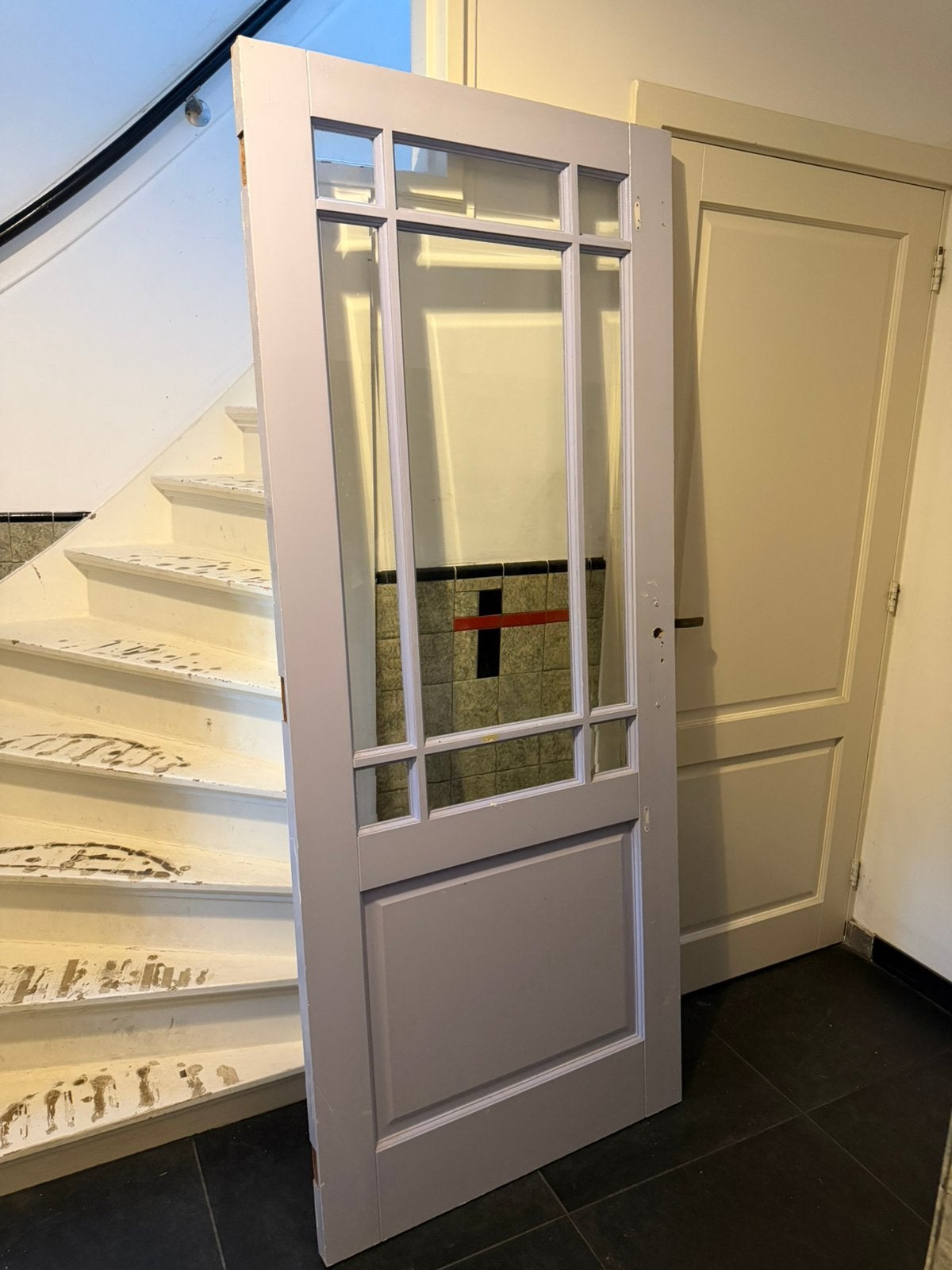 Stevige zware hardhouten binnendeur met glas., Ophalen, Gebruikt, 80 tot 100 cm, Binnendeur