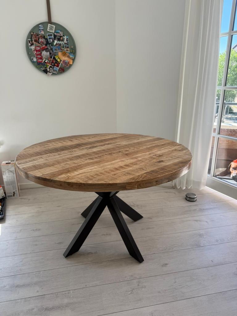 Ronde eettafel mangohout 1.20m doorsnee, Ophalen, 50 tot 100 cm, 100 tot 150 cm, Rond