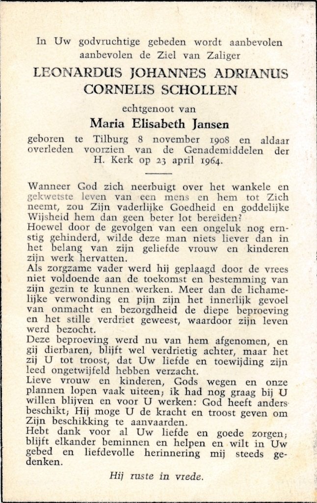 Schollen Leonardus 1908 Tilburg 1964, Verzamelen, Bidprentjes en Rouwkaarten, Ophalen of Verzenden, Bidprentje