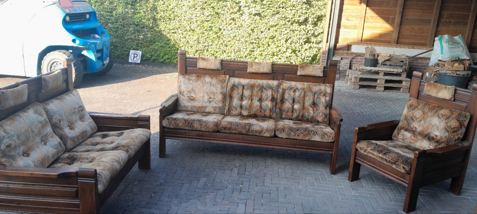 Vintage houten bankstel met bloemenprint (3-2-1), Ophalen, Hout, Gebruikt, Vintage, Klassiek, Retro