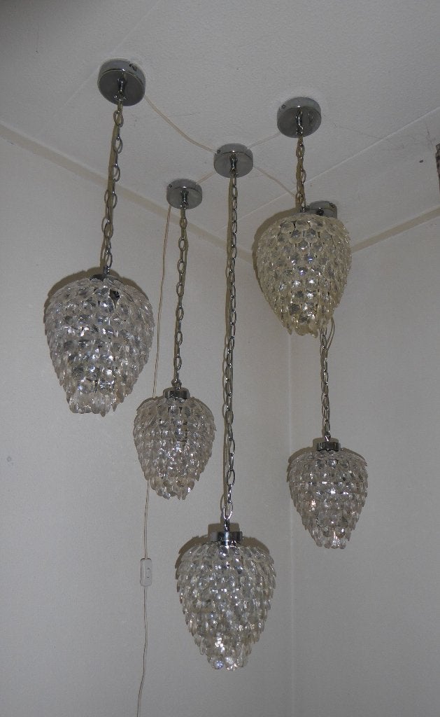5 nette hanglampen met glasparels compleet met snoeren, Gebruikt, Glas, Tijdloos, E27 (groot)