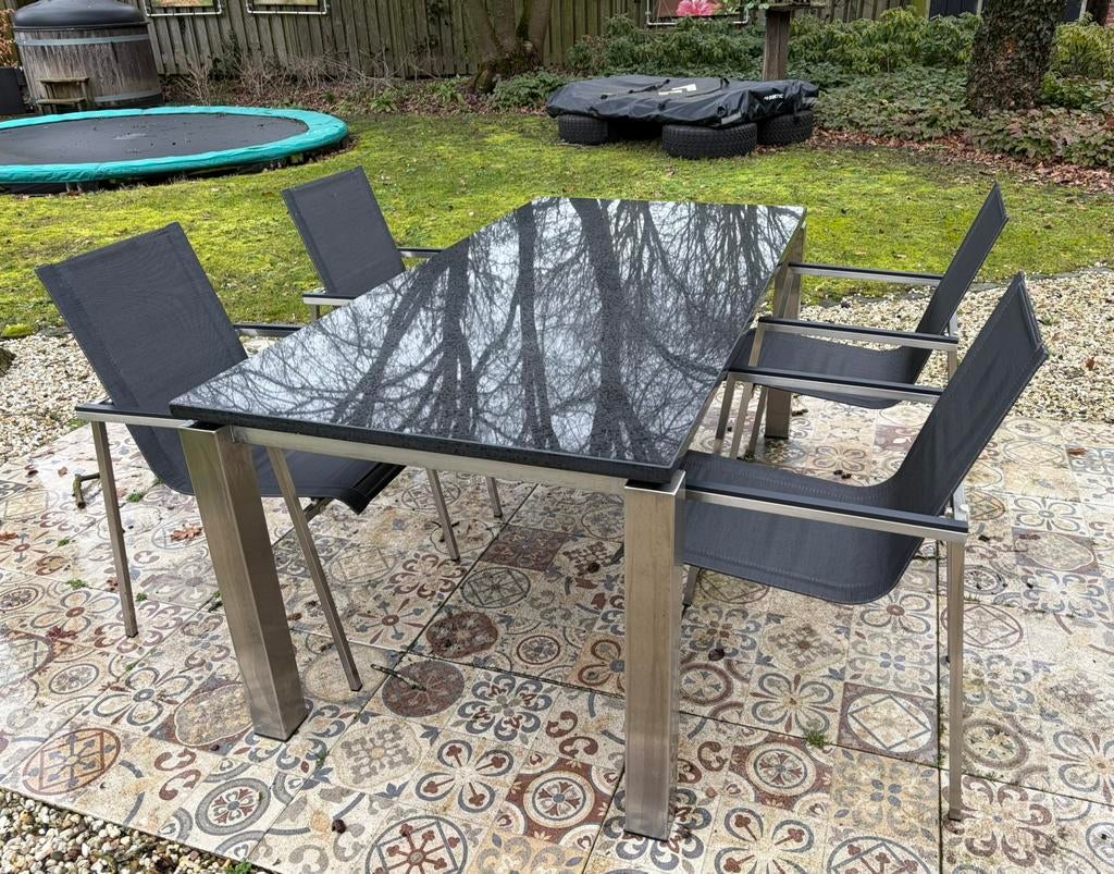 Rvs tuinset met zwevend massief granieten tafelblad, Ophalen, Zo goed als nieuw, Rvs