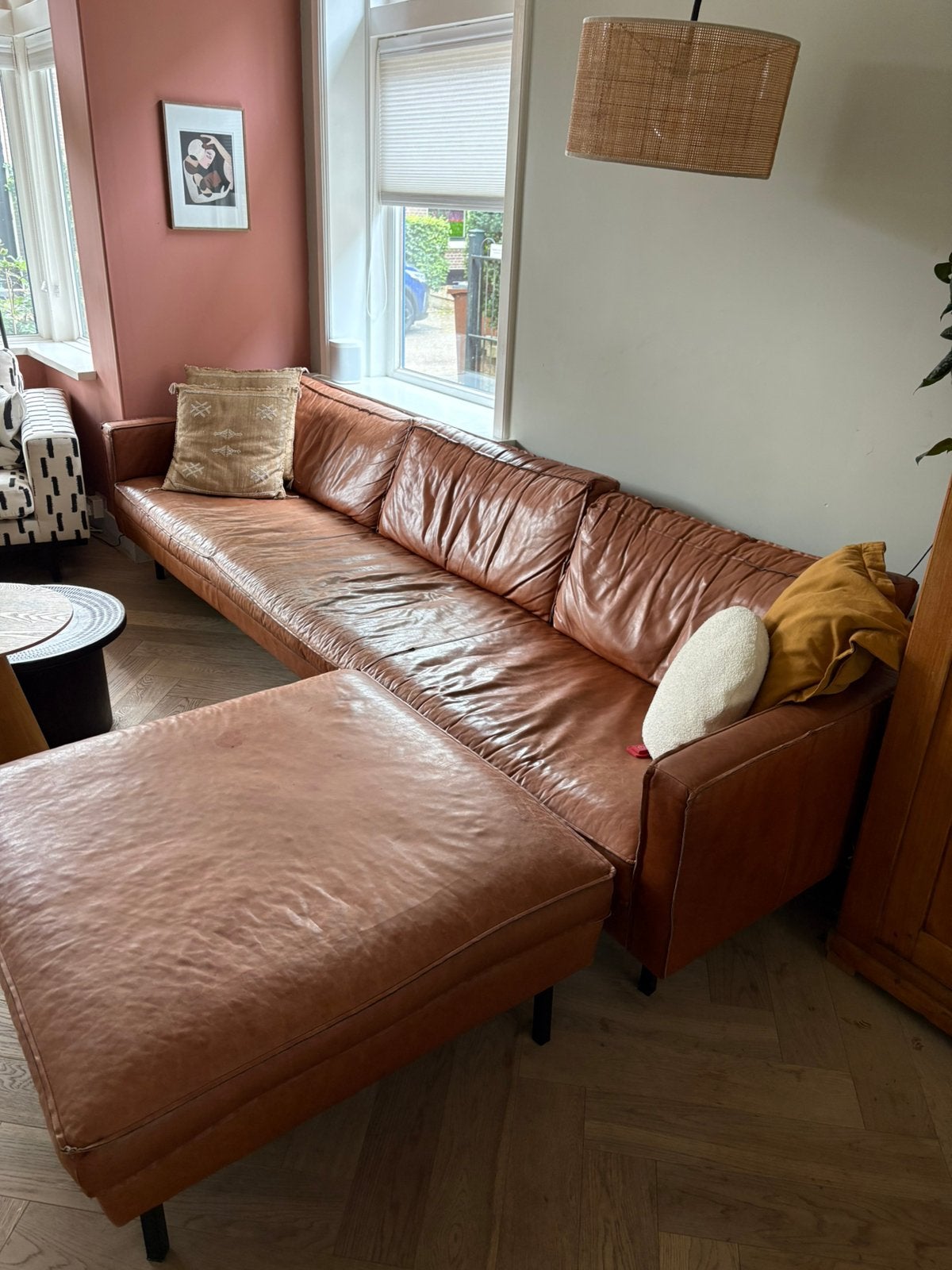 Bank slimm loods 5 cognac kleur van leer met hocker, Ophalen, Gebruikt, Leer