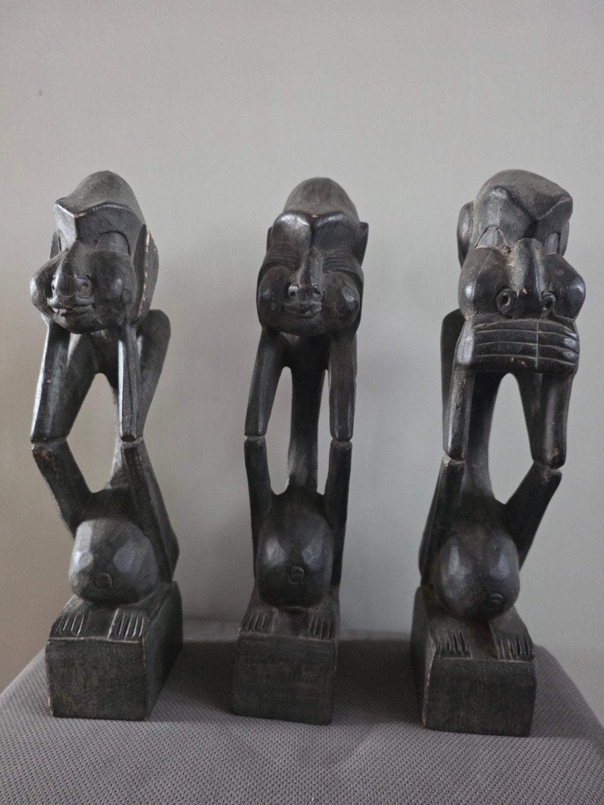 Set van 3 Afrikaanse Houten Wijze Apen Beelden - 35cm, Hout, Afrika, Ophalen of Verzenden, Beeld