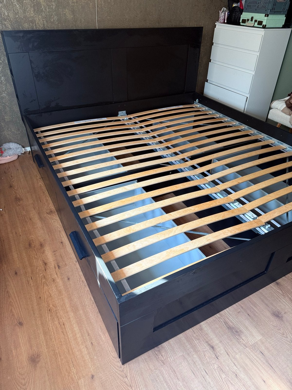 Ikea Brimnes bed 180x200 met hoofdeinde en lattenbodem, Ophalen, Gebruikt, Zwart, Tweepersoons