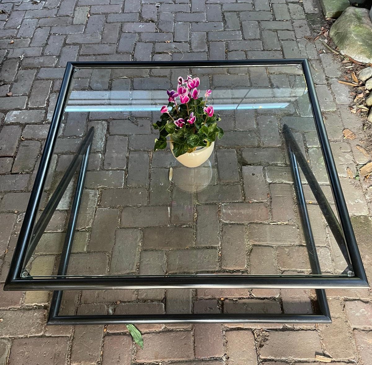 Salontafel, zwart staal/glas, Huis en Inrichting, Ophalen, Gebruikt, 50 tot 100 cm, Vierkant