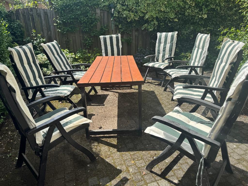 tuintafel en stoelen, Ophalen, Gebruikt, Hardhout, 8 zitplaatsen