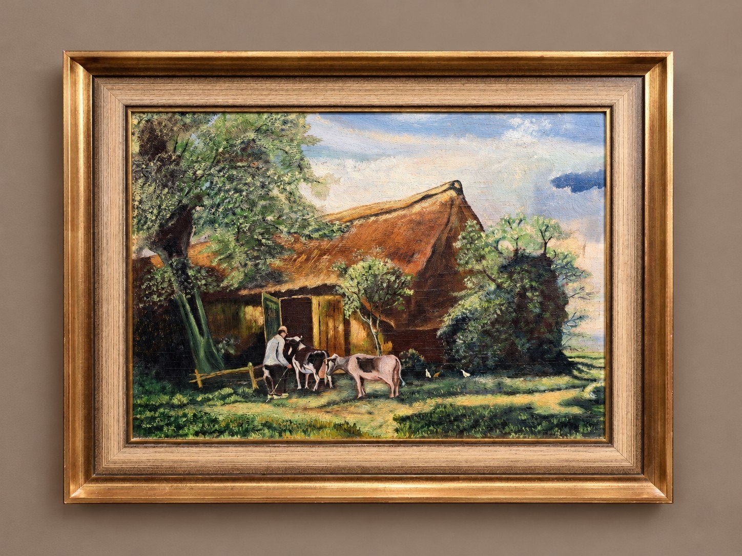 Landschap met Boerderij, Doek, Ophalen of Verzenden, Landschap, Olieverf