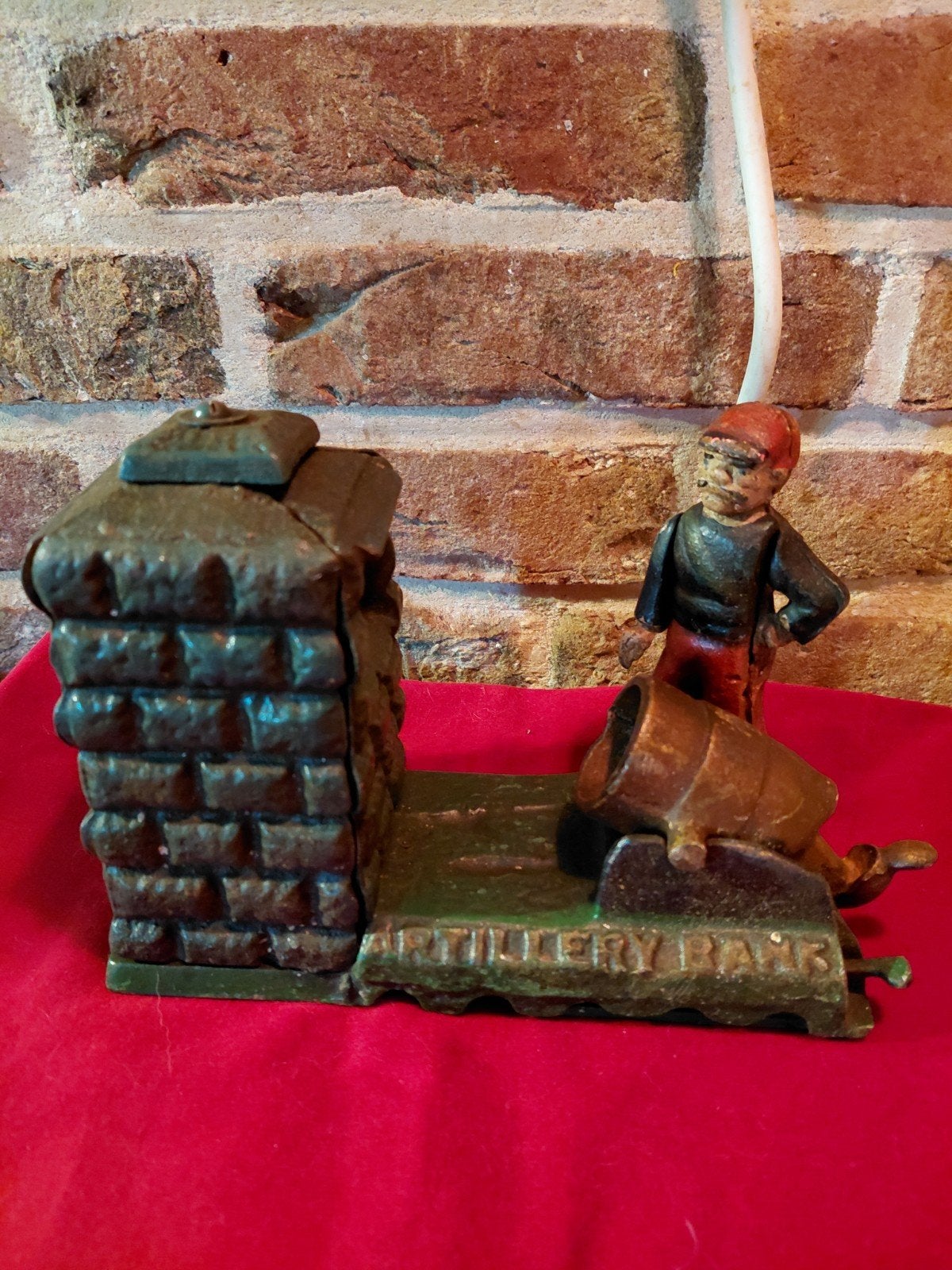 Antieke gietijzeren Artillery Bank spaarpot, Ophalen of Verzenden, Gebruikt