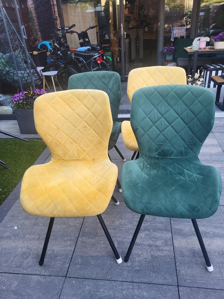 Set van 6 stoelen: geel en groen, fluweel, Gebruikt, Overige kleuren, Modern, Scandinavisch, Ophalen of Verzenden