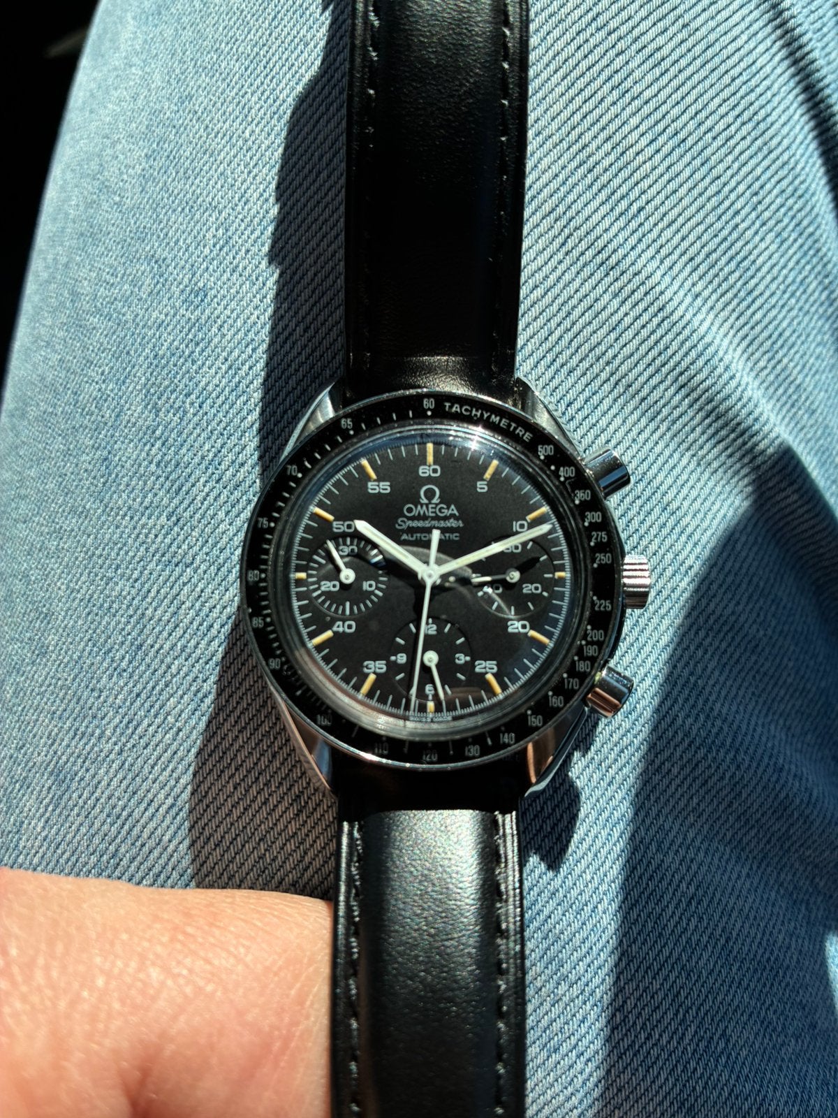 Omega Speedmaster Reduced 3810.50, Ophalen, Leer, Staal, Zo goed als nieuw