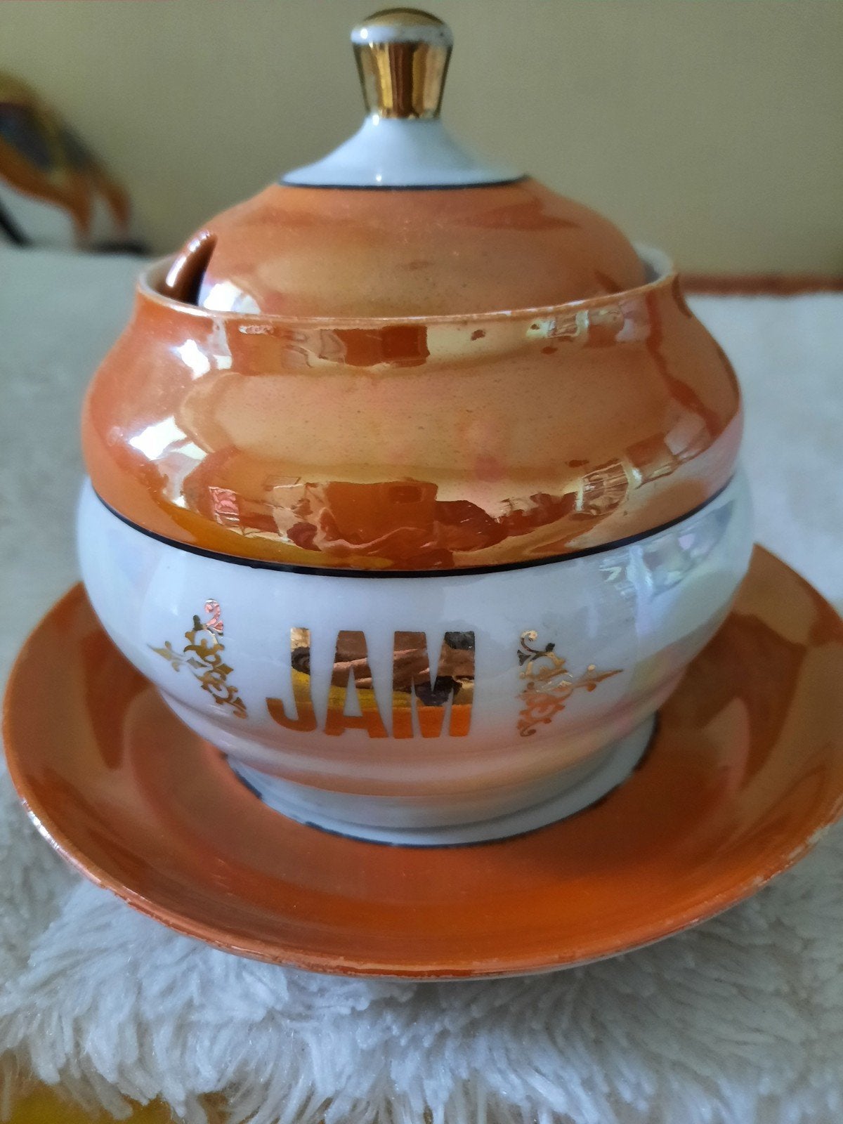Prachtige hoogglans oranje jampot met schotel en deksel, Antiek en Kunst, Ophalen of Verzenden