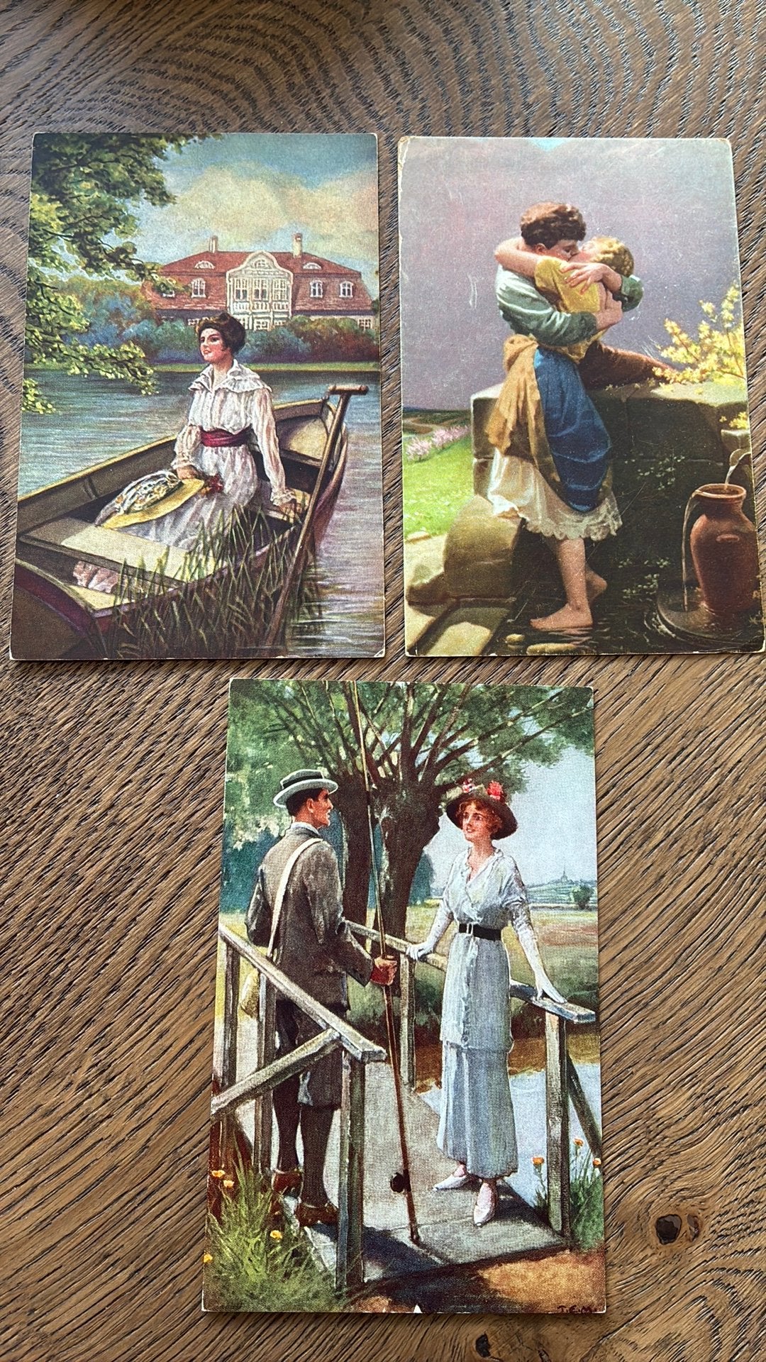 Romantiek. In bootje, omhelzing, samen op brug,hengel, Ophalen of Verzenden, Voor 1920, Ongelopen