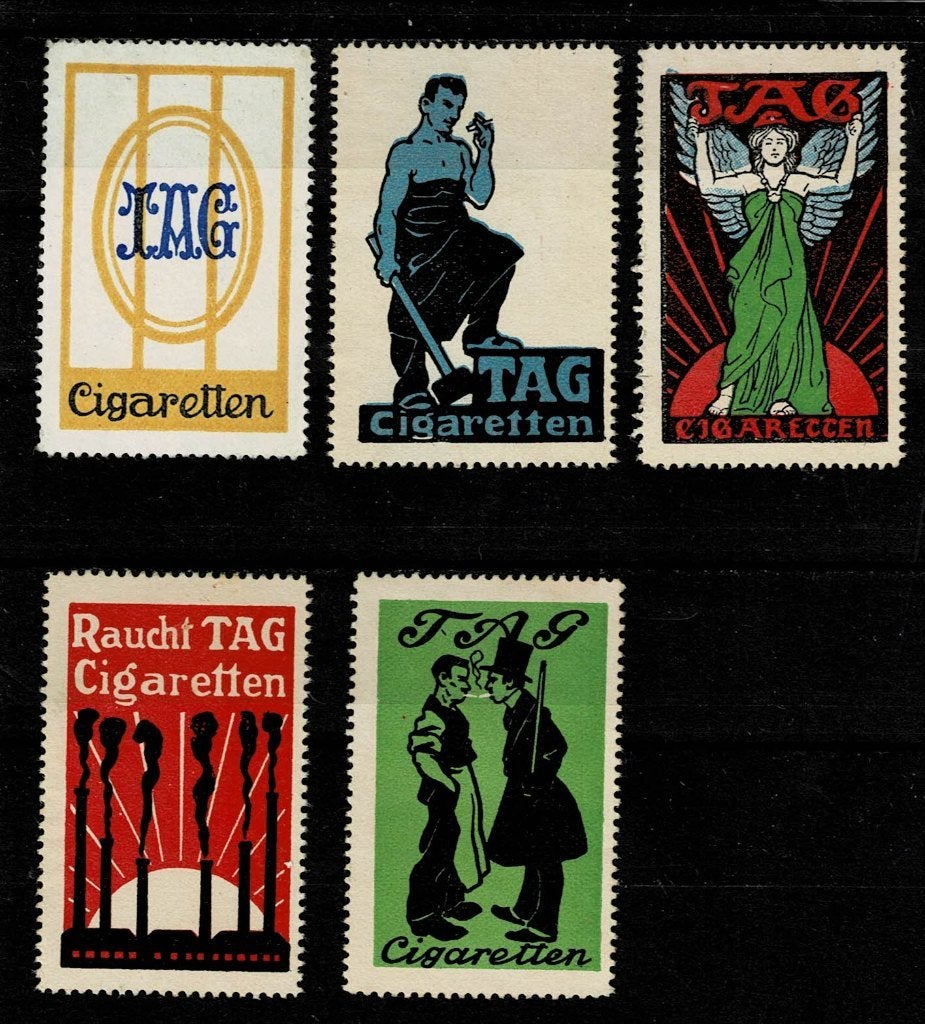 5 sluitzegels Duitsland TAG CIGARETTEN, Ophalen of Verzenden, Overige thema's
