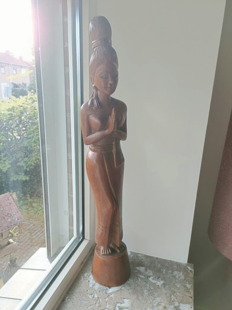 Prachtige oude Sawasdee vrouw houten beeld, Antiek en Kunst, Ophalen of Verzenden