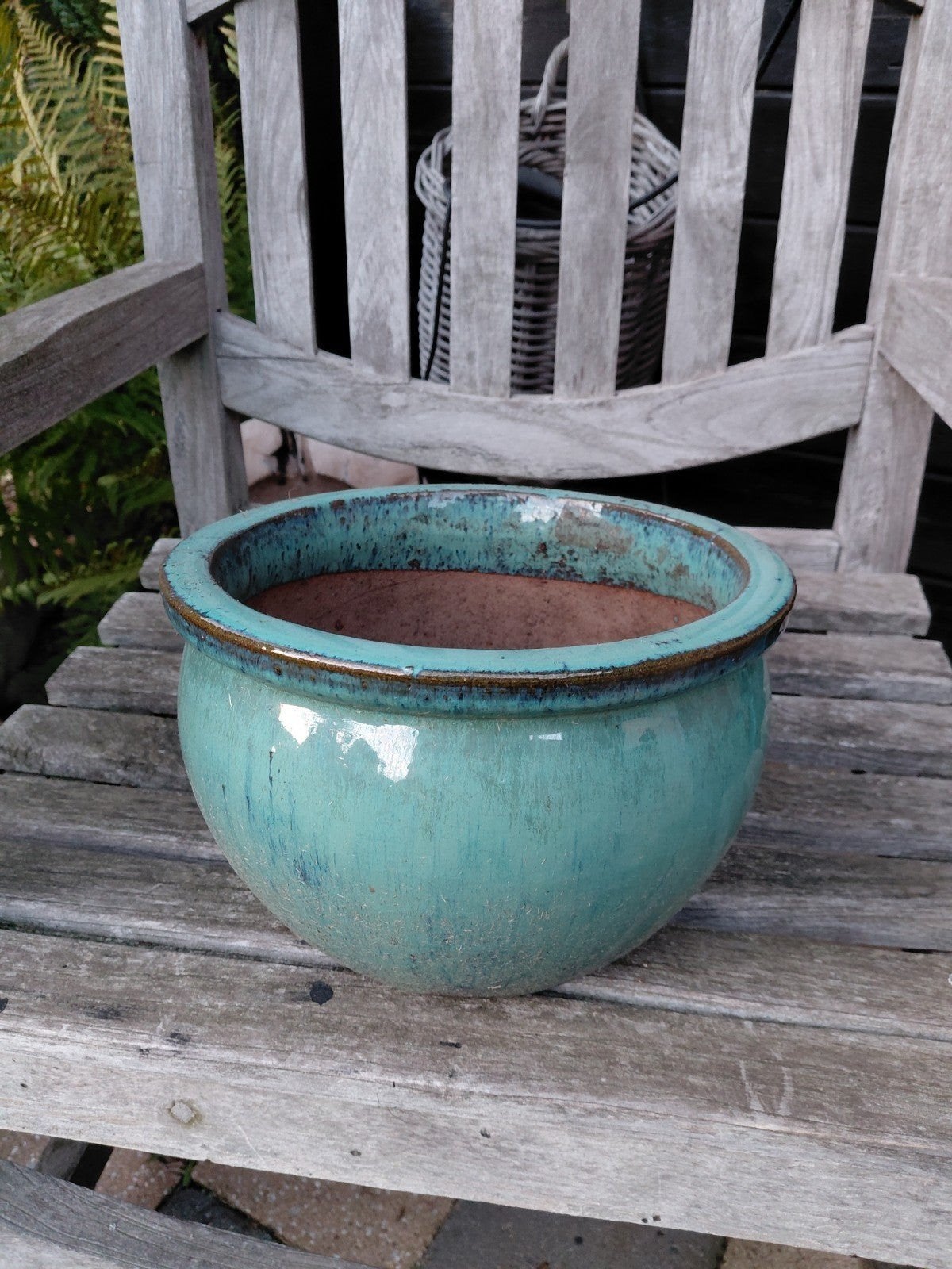 Geglazuurde Aardewerk Bloempot - Turquoise, 25 tot 40 cm, Gebruikt, Rond, Ophalen of Verzenden