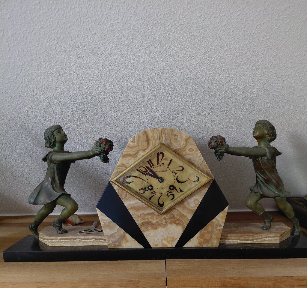 Art Deco marmer klok pendule schouwklok beeld beeldje antiek, Antiek en Kunst, Ophalen
