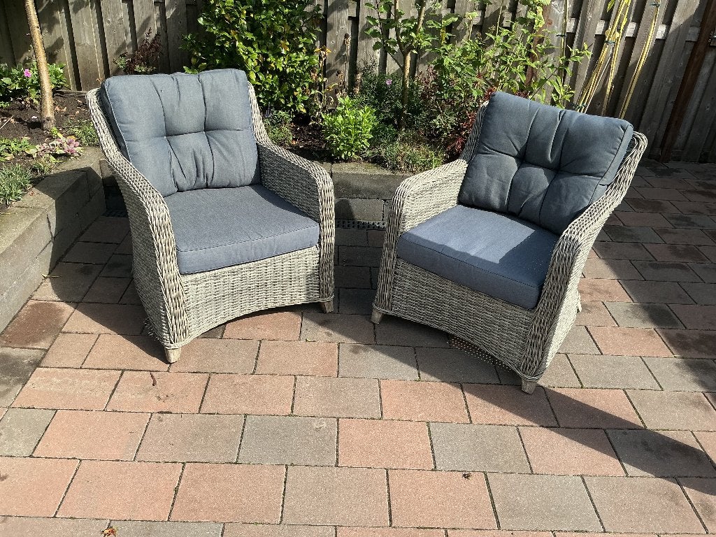 2 Tuinstoelen met kussens, Tuin en Terras, Tuinstoelen, Ophalen, Gebruikt, Kunststof