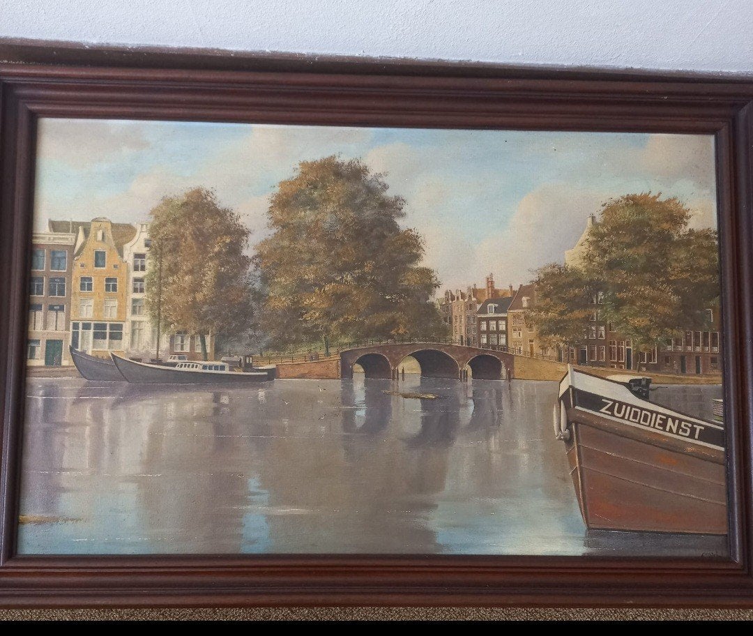 Schilderij Amsterdamse gracht met boten en brug, Ophalen of Verzenden