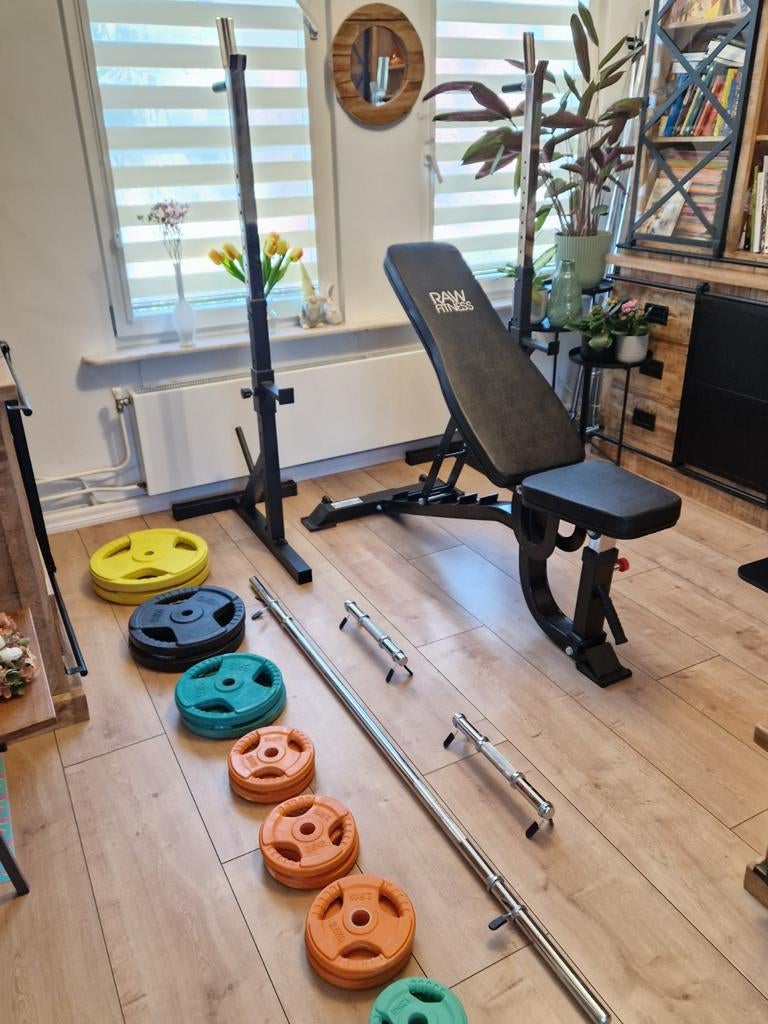 halterbank haltersteunen halterstang dumbels en gewichten, Ophalen, Zo goed als nieuw, Fitnessbank