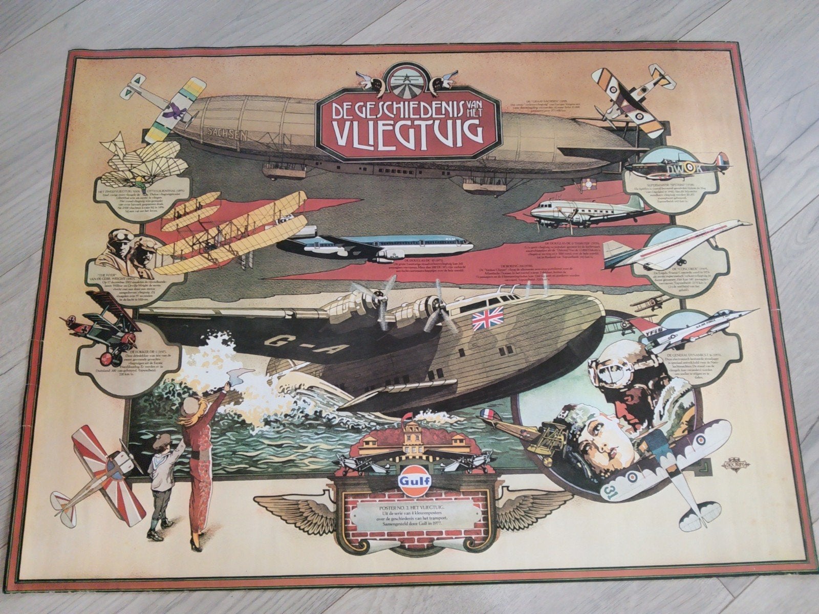 Vintage Gulf Poster: Geschiedenis van het Vliegtuig (1977), Verzamelen, Gebruikt, Rechthoekig Liggend, Ophalen of Verzenden, A1 t/m A3