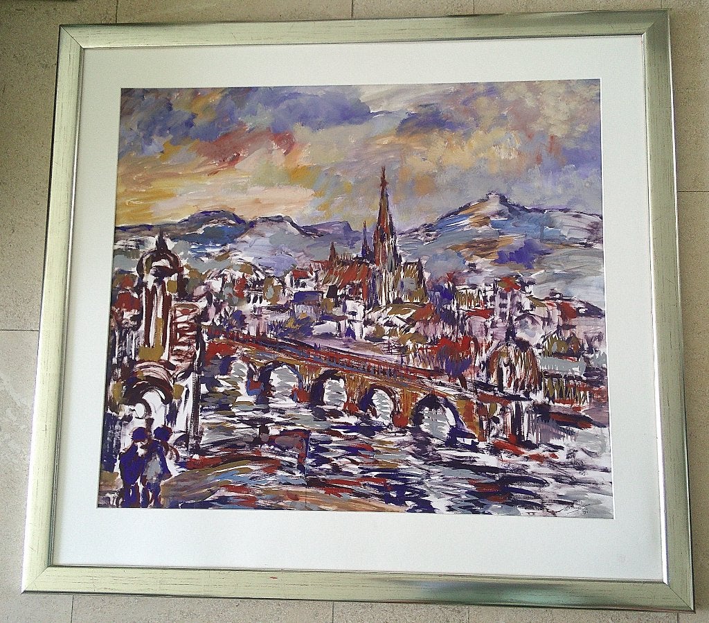 Grote stad in Frankrijk '91 - Jelle Hoogstra 1924 - 2003, Gouache, Expressionistisch, Ophalen of Verzenden, Gedateerd