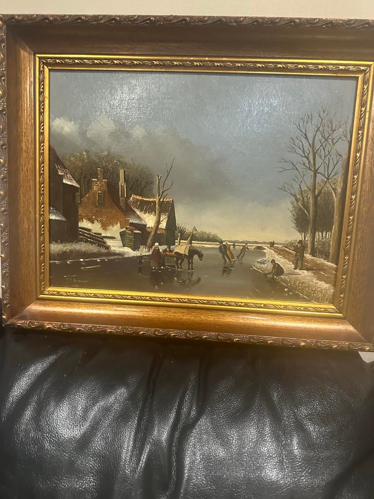 Schilderij Winterlandschap met Schaatsers, Ophalen of Verzenden