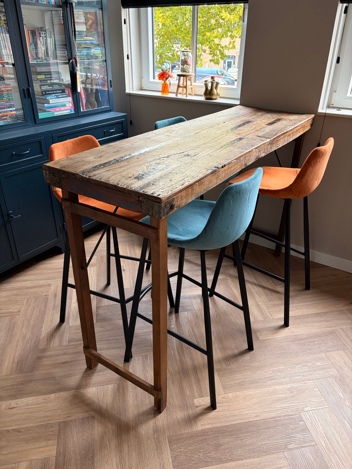 Inklapbare bar met 4 stoelen, Ophalen, Gebruikt, 90 cm of meer, 4 krukken