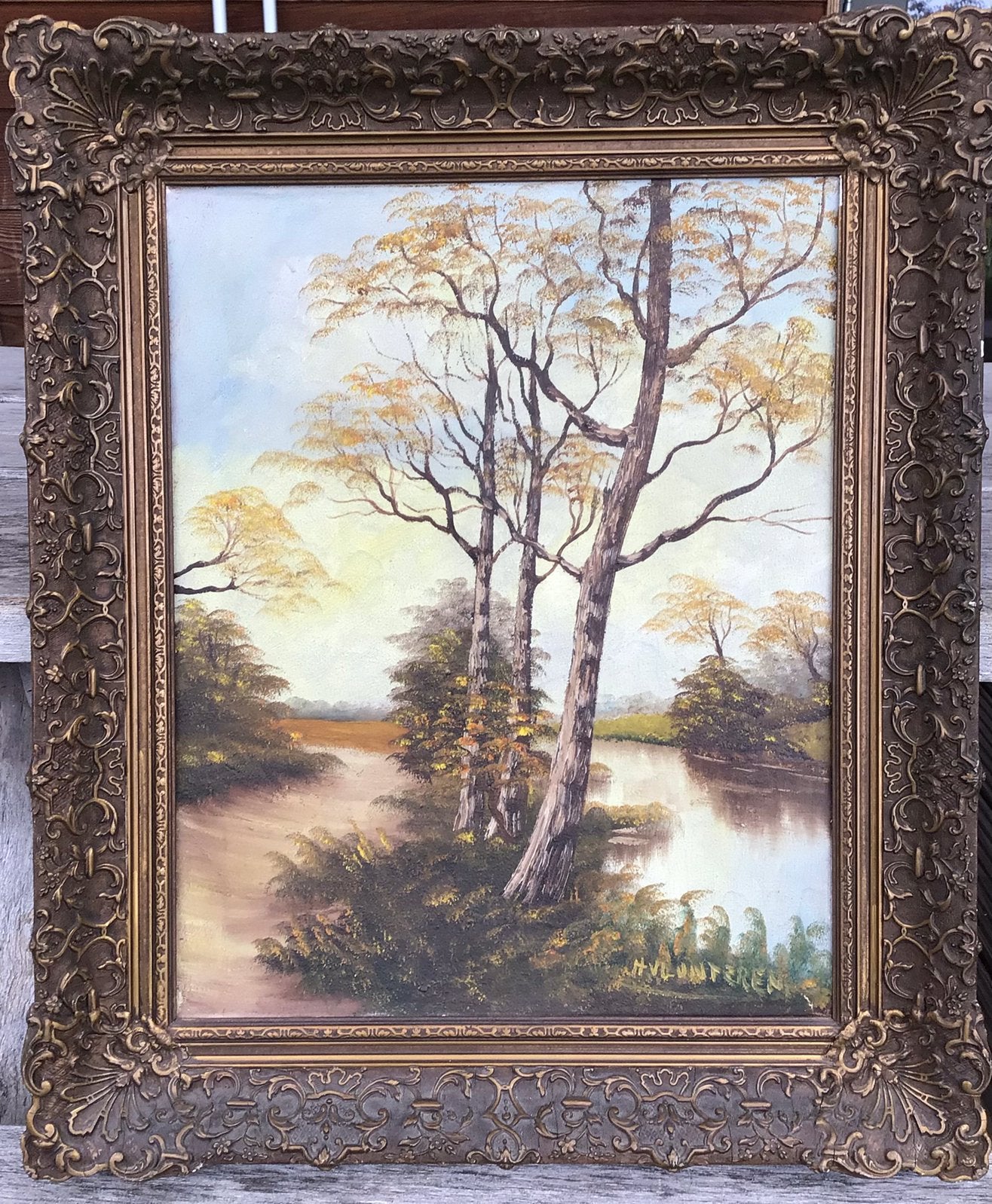 Olieverfschilderij landschap H. Van Lunteren klassieke lijst, Ophalen, Doek, Oud hollands, Landschap